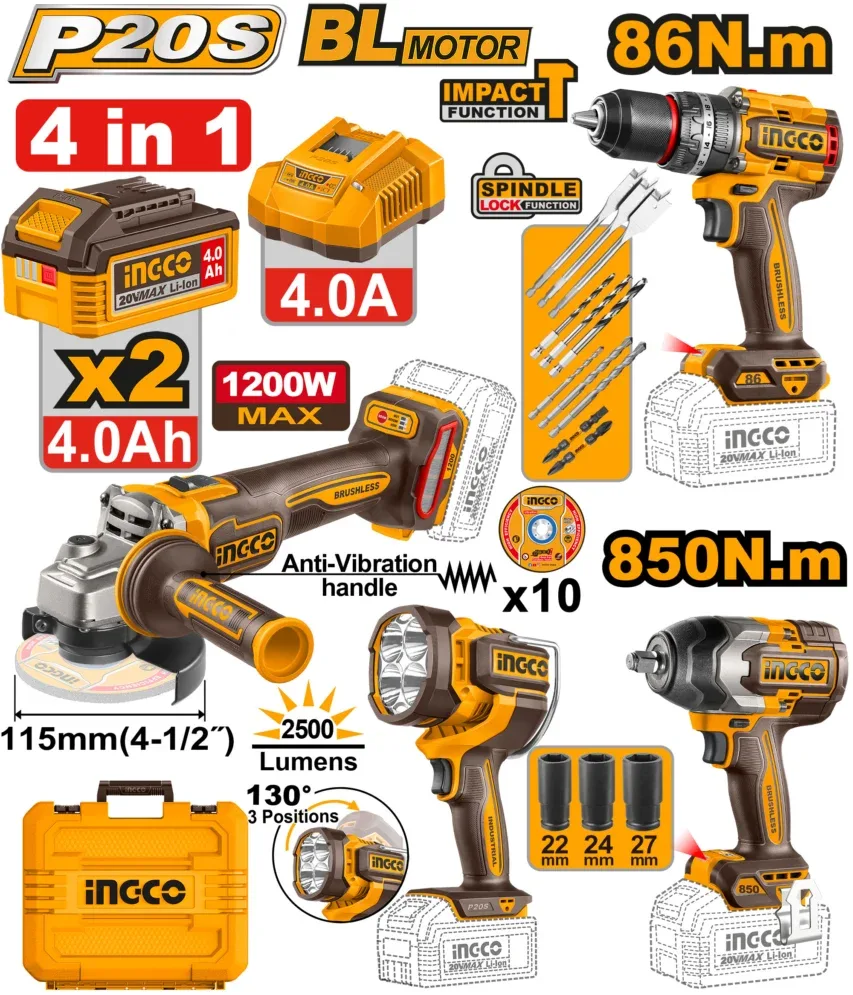 Набор из 4 аккумуляторных инструментов 2x4.0Ah INDUSTRIAL INGCO COSLI251192