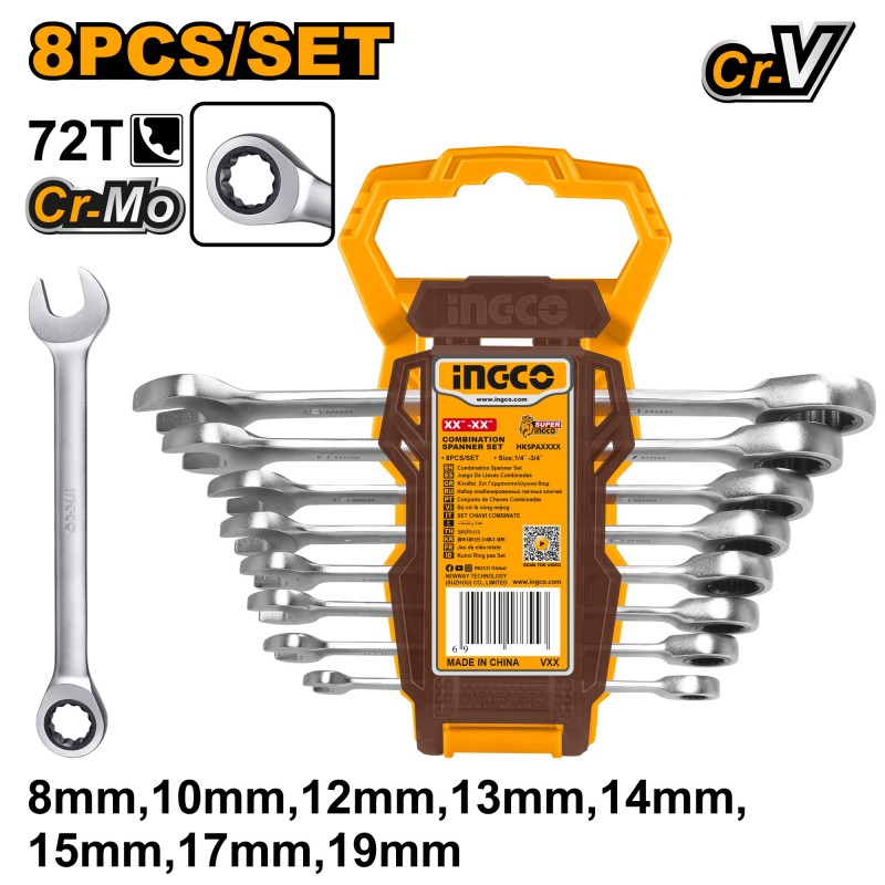 Набор комбинированных гаечных ключей с трещоткой INGCO HKSPAR1082