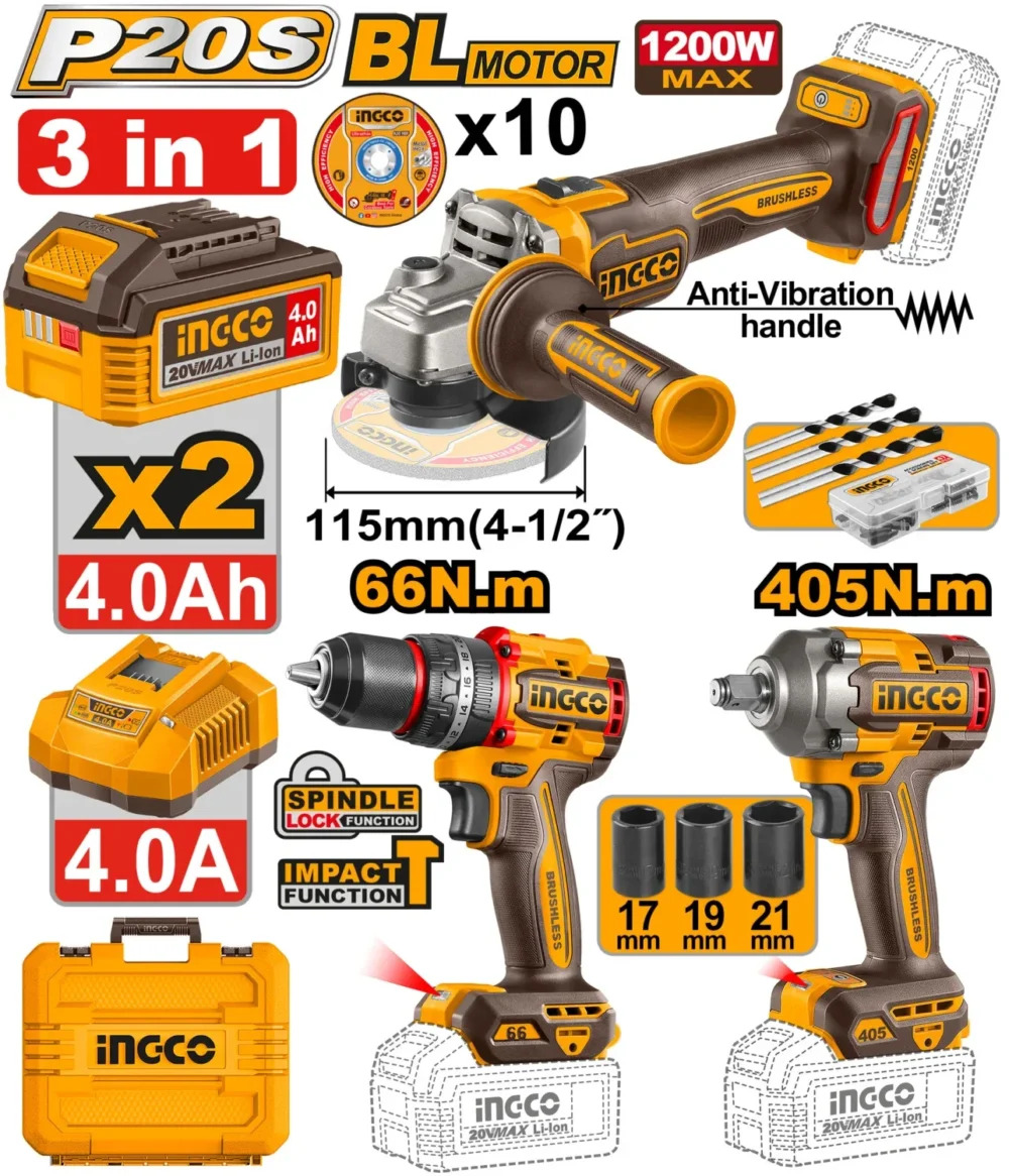 Набор из 3 инструментов на аккумуляторе 2x4.0Ah INGCO CKLI20358