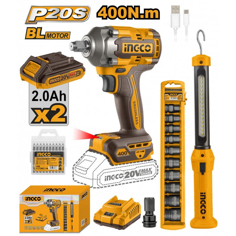 Шуруповерт аккумуляторный 20V/2*2Ah + фонарь + набор головок...