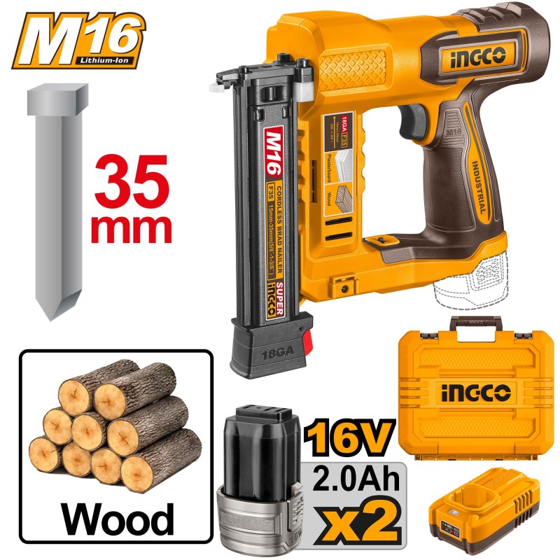 Степлер на аккумуляторе 16В/2*2,0 Ач INDUSTRIAL INGCO CBNLI2038