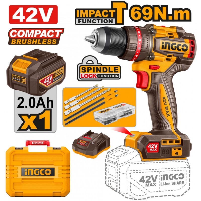 Шуруповёрт аккумуляторный ударный INGCO 42В/1*2Ач CIDLI426981