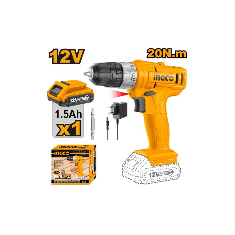 Шуруповерт аккумуляторный  Li-Ion 12В/1.5Ач INGCO CDLI1211