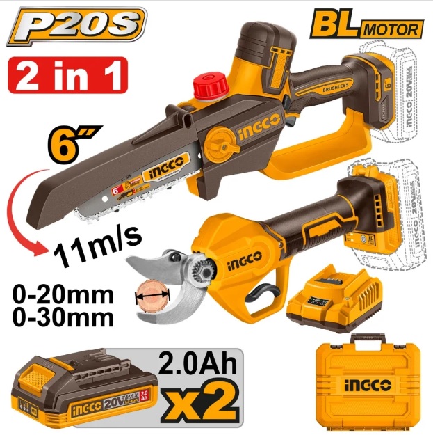 Цепная пила 6'' + Аккумуляторные ножницы 2*2Ah INGCO