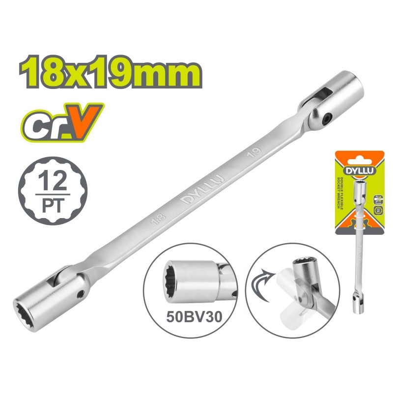 Двусторонний ключ с шарнирными торцевыми головками 18x19мм...