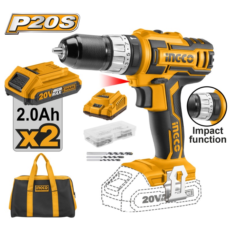 Шуруповерт аккумуляторный ударный 20В/2*2Ач INGCO CIDLI2002