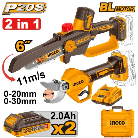 Мини цепная пила 6''+ Секатор садовый совместимый с аккумулятором 2*2Ah INGCO COSLI250795