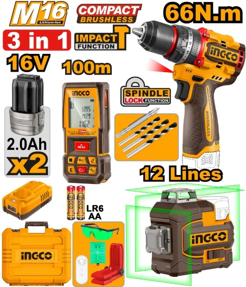 Набор INGCO: дрель, уровень, дальномер