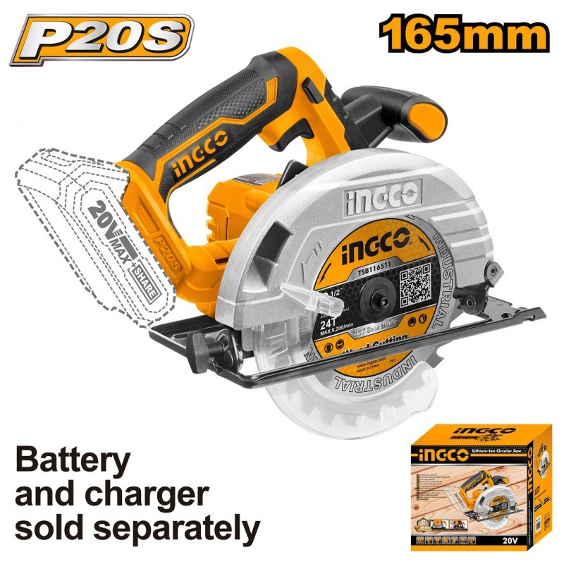 Пила циркулярная, аккумуляторная 20В 165мм INGCO CSLI1651 (без...
