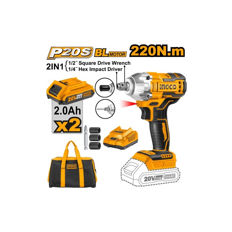Гайковёрт аккумуляторный ударный Li-Ion 20V/2*2A  INGCO...