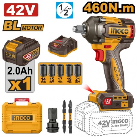 Гайковёрт аккумуляторный ударный  BL motor 42В/1*2Ач 460Н.м...