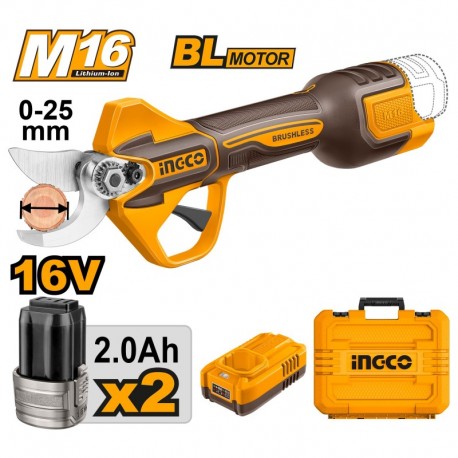 Аккумуляторный секатор 16В/2*2Ач 25мм INGCO CSSLI162582