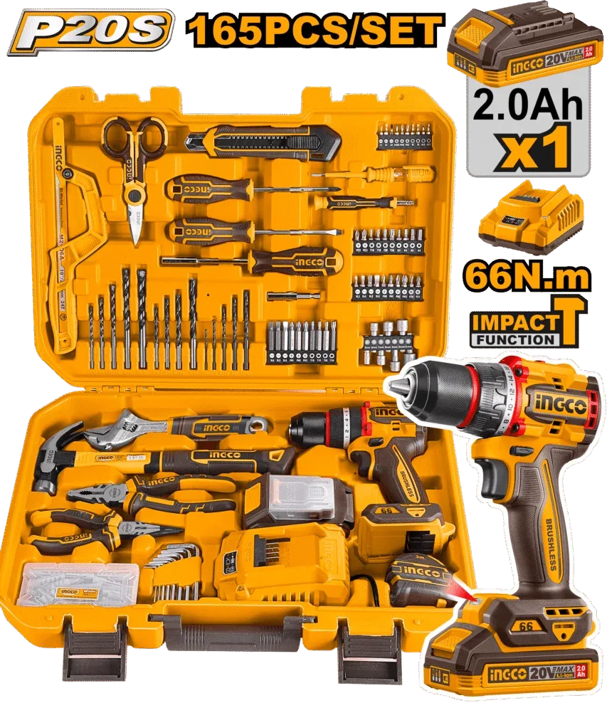 Аккумуляторный шуруповерт 1*2.0Ач + набор инструментов 165 предметов INGCO HKTHP11651
