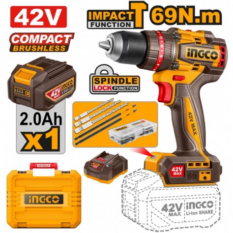 Шуруповёрт аккумуляторный ударный INGCO 42В/1*2Ач CIDLI426981