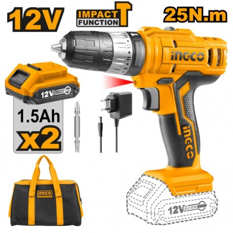 Шуруповёрт аккумуляторный 12V/2*1.5A INGCO CIDLI1222