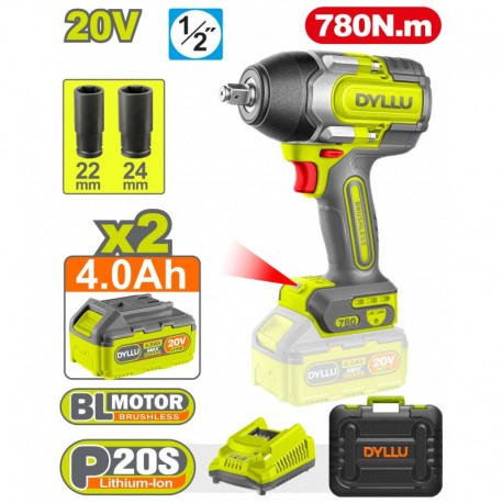 Гайковёрт аккумуляторный ударный Li-Ion 20V/2*4.0Ah 780Nm...