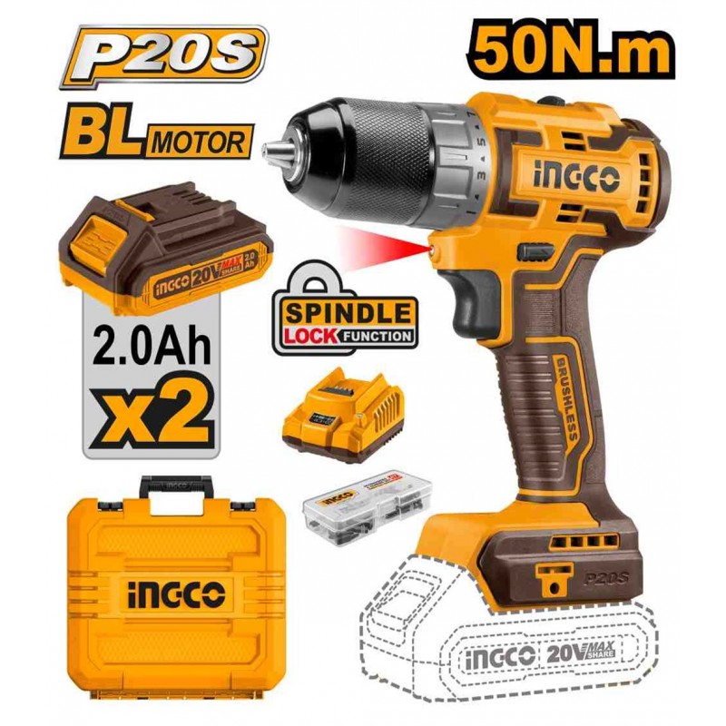 Шуруповерт акумуляторный бесщеточный 20В/2*2Ач CDLI20508 INGCO