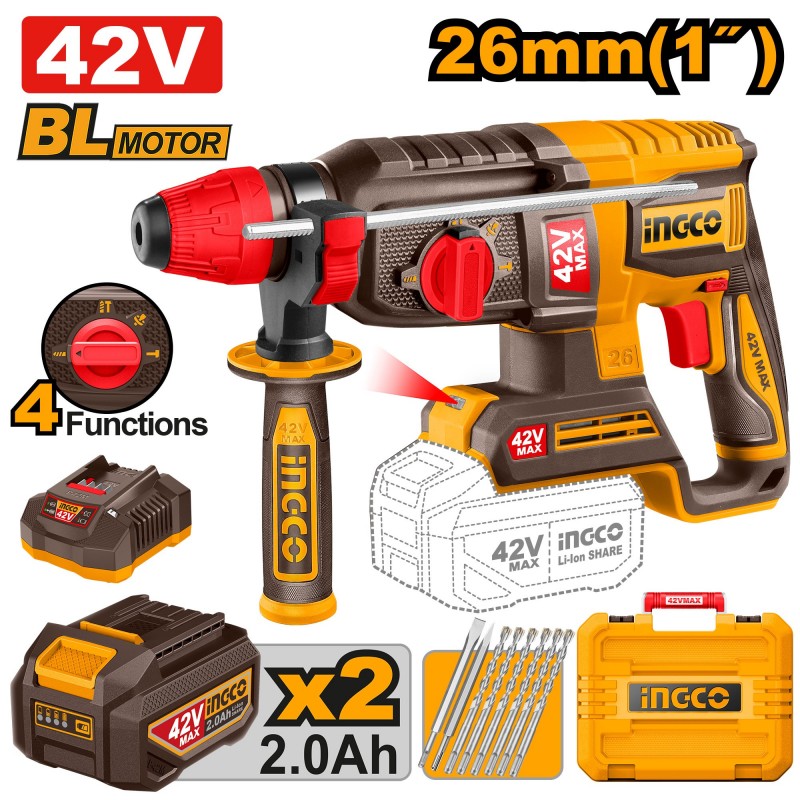 Перфоратор аккумуляторный с аккумулятором 42В/2*2Ач INGCO...