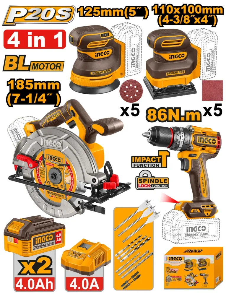 Набор из 4 аккумуляторных инструментов INDUSTRIAL INGCO COSLI251083