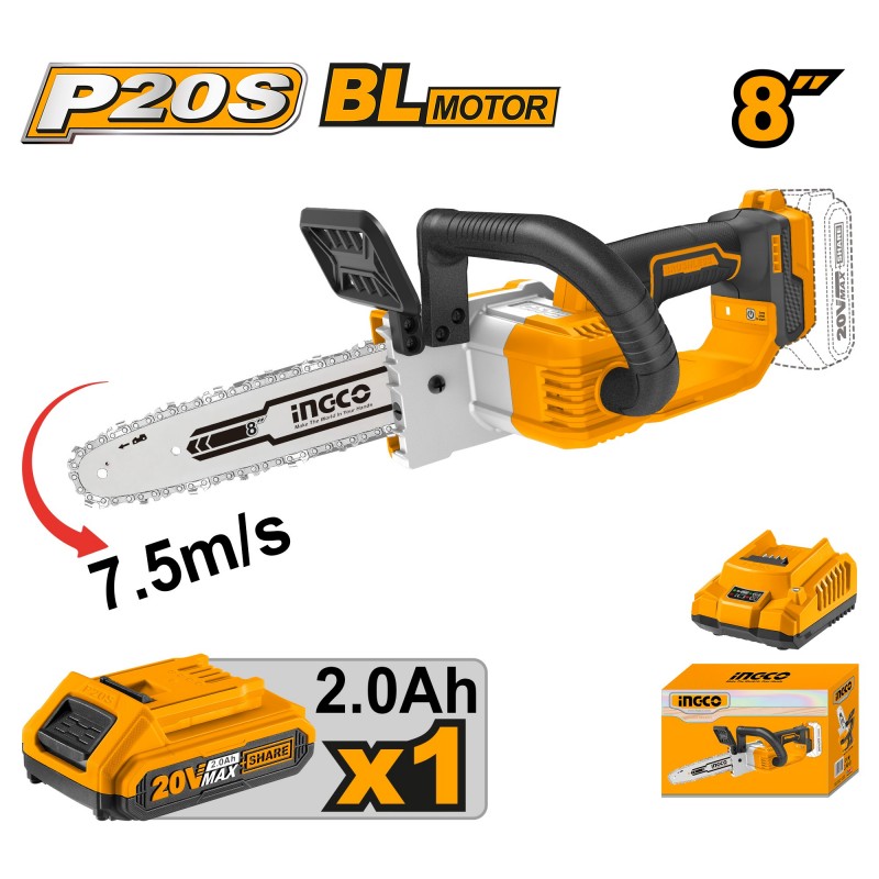 Аккумуляторная цепная пила Li-Ion 20V/1*2A INGCO CGSLI20851